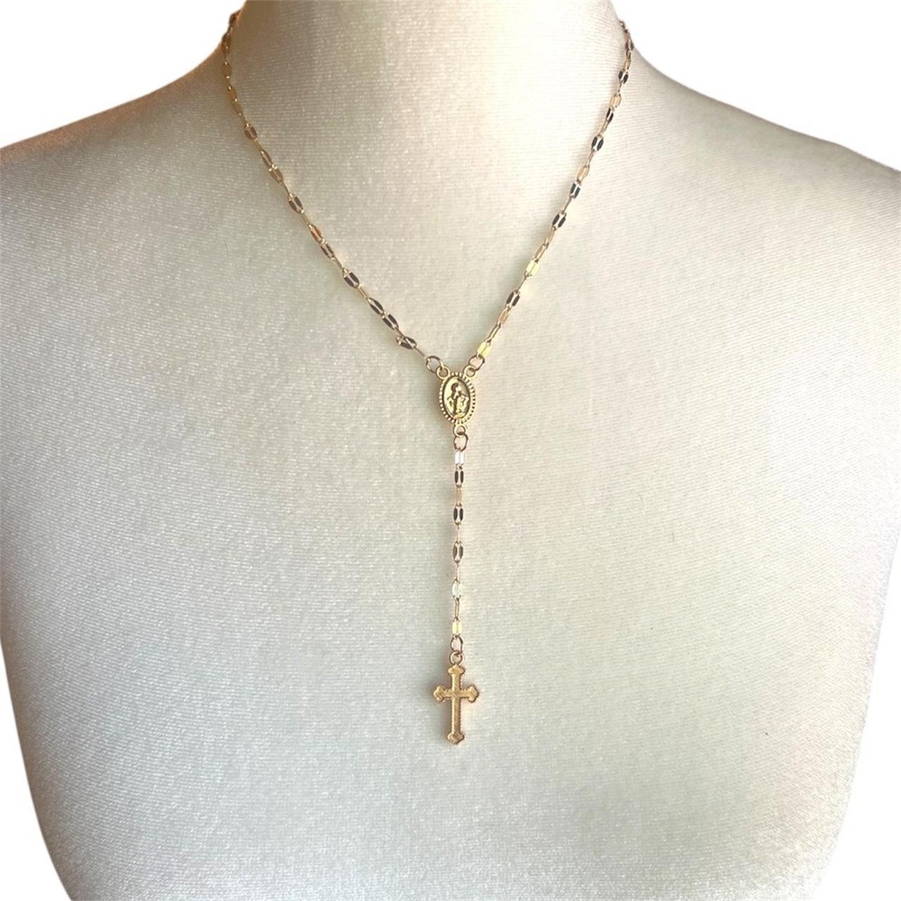 Beautiful Gold Tone Rosary Bead Necklace With Cross  - adjustable length chain